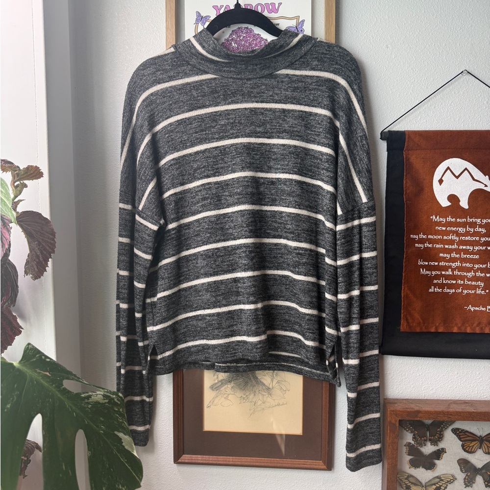 SO Gray and White Mockneck Sweater with Stripes